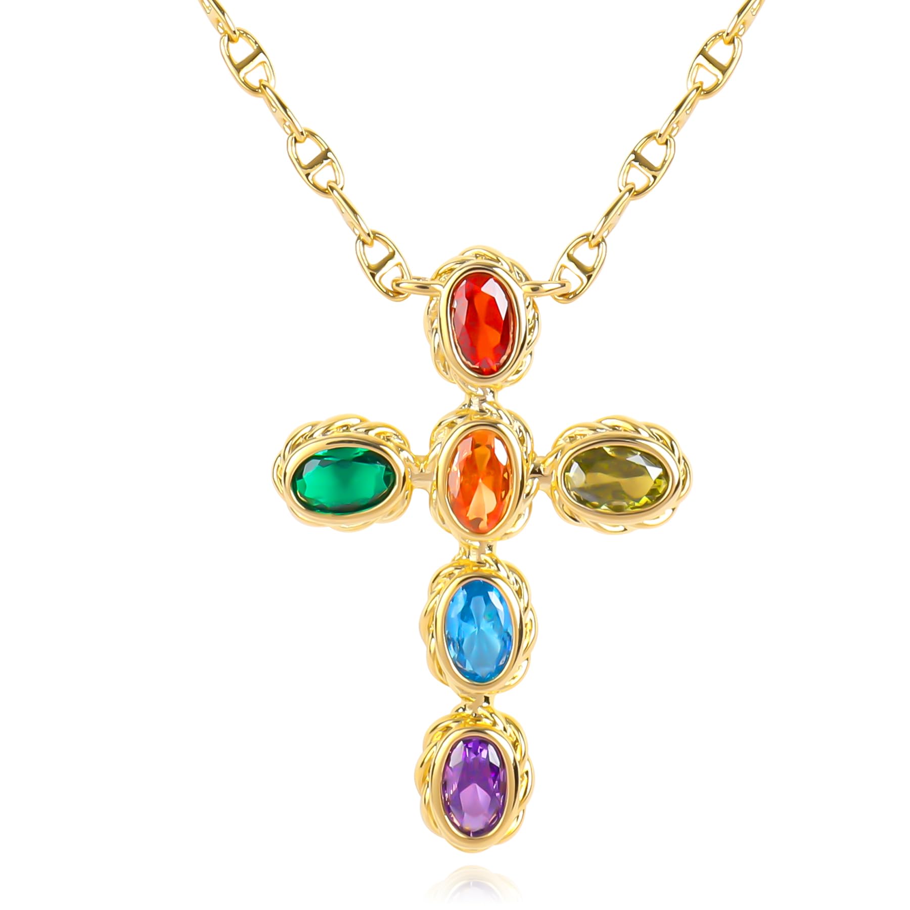 NEKOL Colorful Gemstone Cross Pendant Necklace for Women, 14K Gold Plated Cross Necklace Oval Shape Cubic Zirconia Crystal Stone Cross Charm Necklace