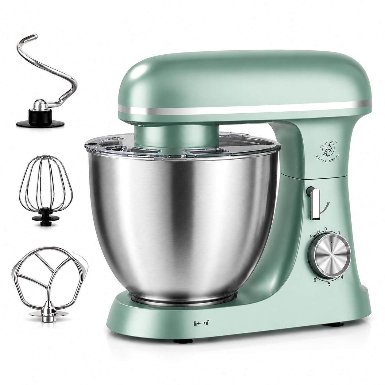 Royal Swiss Professional Pastry Processor - 2000W 8.5L Mint Green - Professional Planetary Kitchen Processor - Large Capacity Electric Kneader with 304 Stainless Steel Bowl - 6 Speeds - Hook, Whisk & Beater
