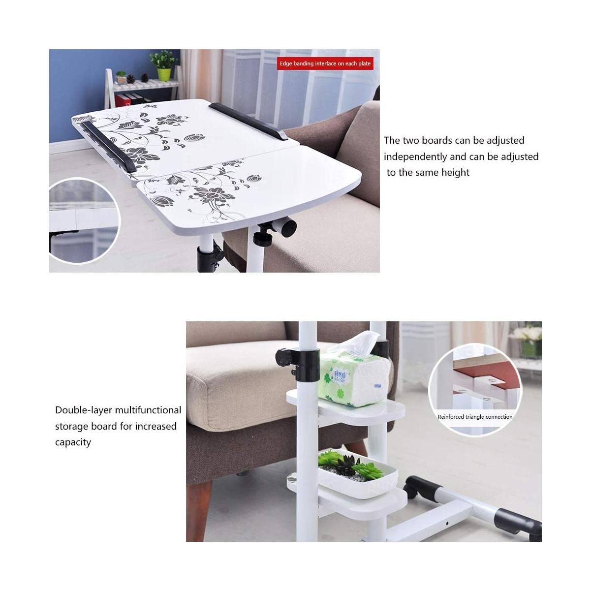 BKEKM Table de lit Hauteur réglable Plateau Table Roulant Chariot Mobile sur lit Table canapé Ordinateur Bureau Support avec Roues pivotantes pour la Maison Spacieux
