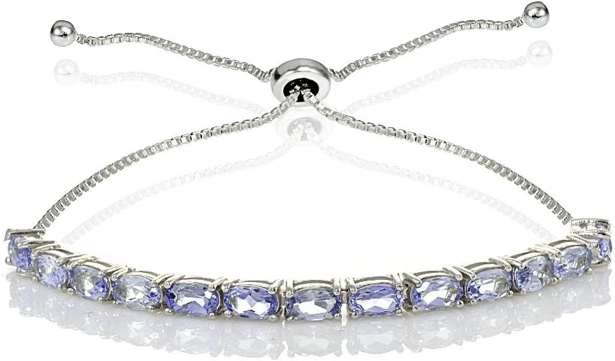 B. BRILLIANT Sterling Silver 5x3mm Oval Genuine or Created Gemstone Pull-string Adjustable Tennis Bracelet for Women