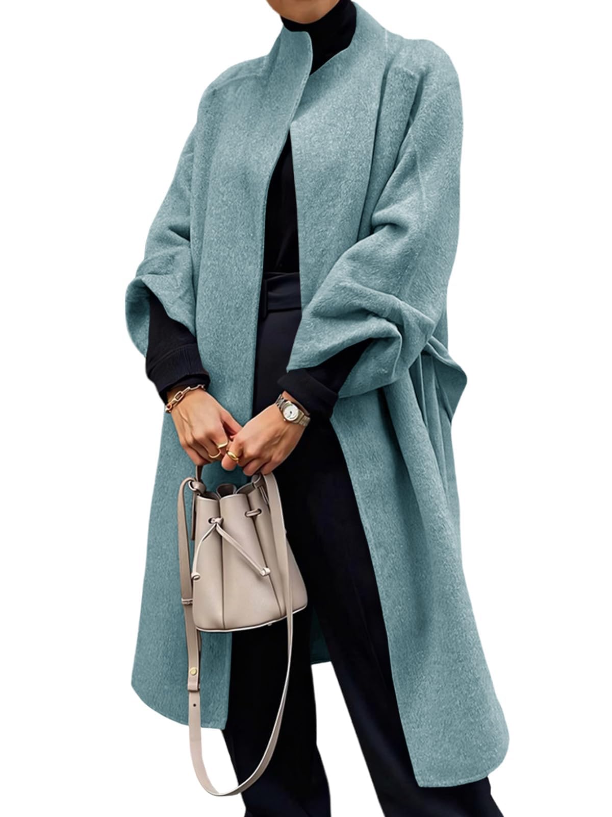 Womens Long Pea Coats Oversized Wrap Wool Blend Trench Coats Winter Open Front Cardigan Overcoats-image-12