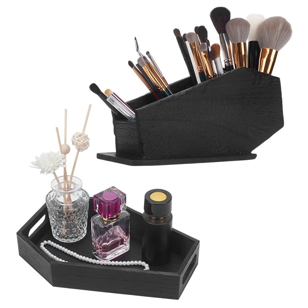 AHANDMAKER 2 porta pennelli da trucco in legno, decorazione gotica con vassoio, per scrivania, bagno, camera da letto, organizer decorativo per bagno, camera da letto, nero