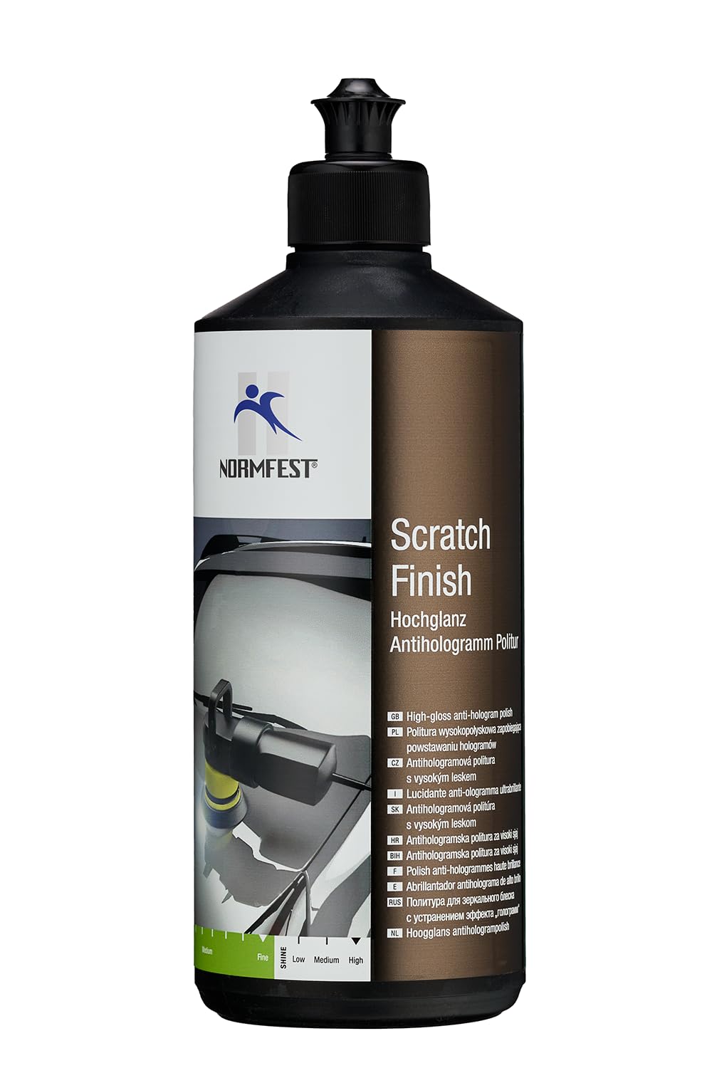 Normfest Scratch Finish Antihologramm-Politur – Hochglanz Politur für hologrammfreie Lackoberflächen, entfernt feine Kratzer & Schleifspuren, ideal für dunkle Lacke – 500g