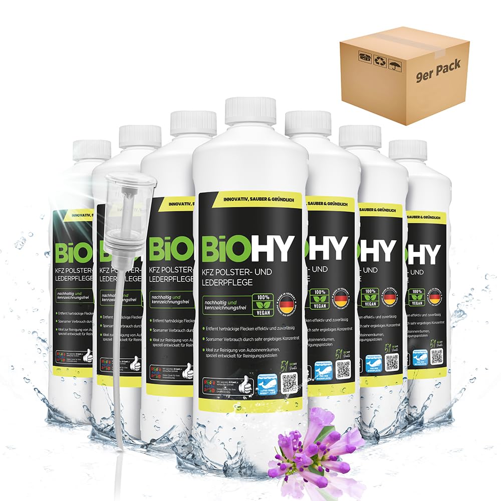 BiOHY Nettoyant cuir et habitacle de la voiture (9 x 1l Bouteille) + Distributeur | entretien de l'intérieur de la voiture | shampoing nettoyant | odeur agréable (KFZ Polster)