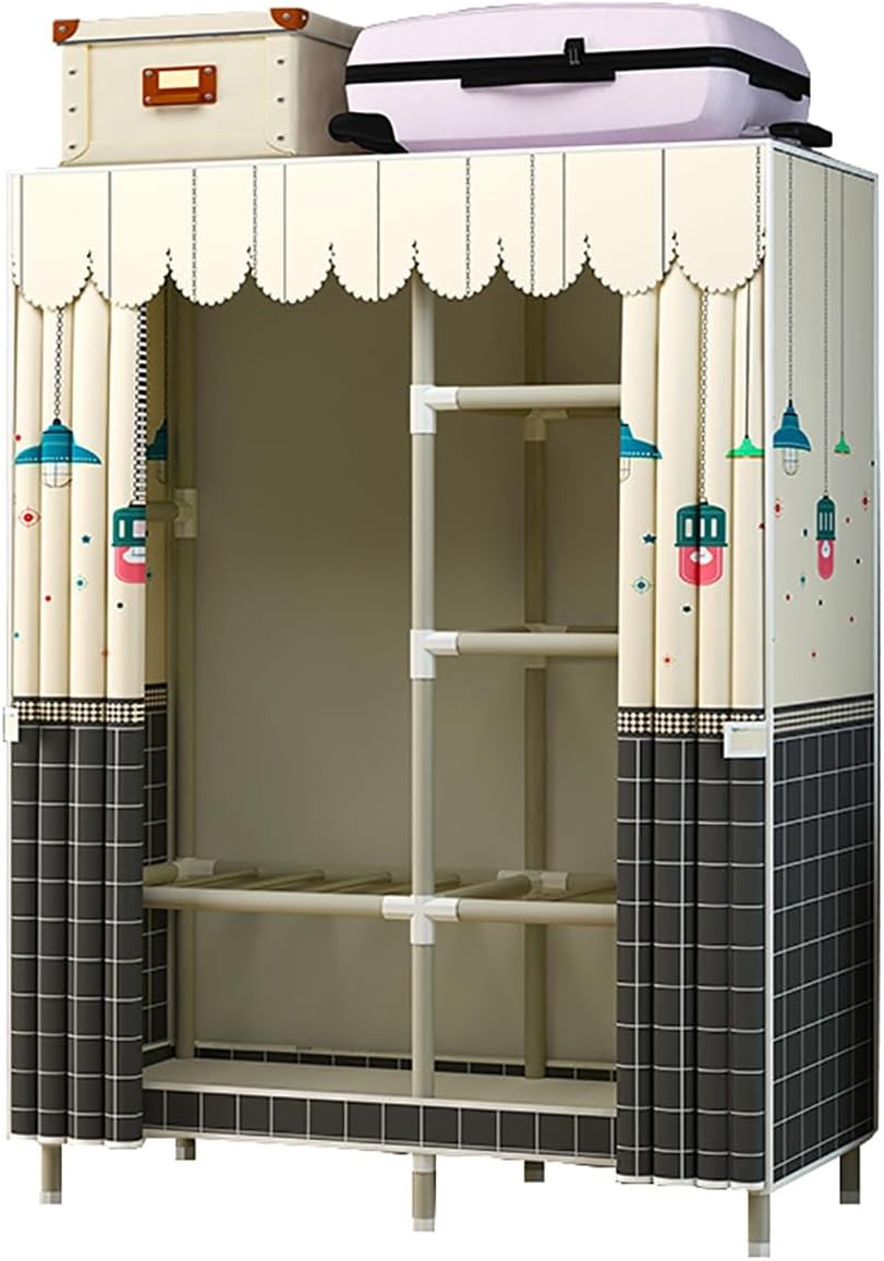 Closet for Bedroom Metal Wardrobe Closet with Hanging Rod and 5 Storage Shelves Portable Closets for Hanging Clothes Easy to Assemble (Color : Beige-1, Size : 103x45x170cm)