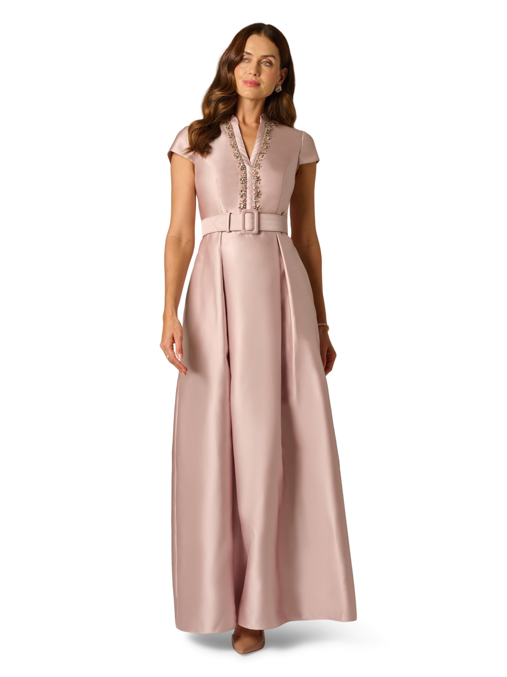 Photo 1 of Size 6 Adrianna Papell Women's Mikado Belt Gown - Floor Length Formal Evening Gown with Rhinestone Embellishments & Pleated Skirt