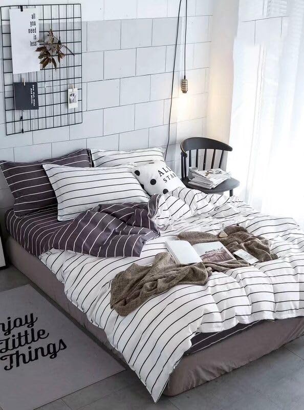 M-V-O Microfibre Printed Duvet Cover Set With Matching Pillowcase, Comfortable Soft & Cosy Quilt Cover Bedding Set, Bed Linen (Pinstripe, Double)