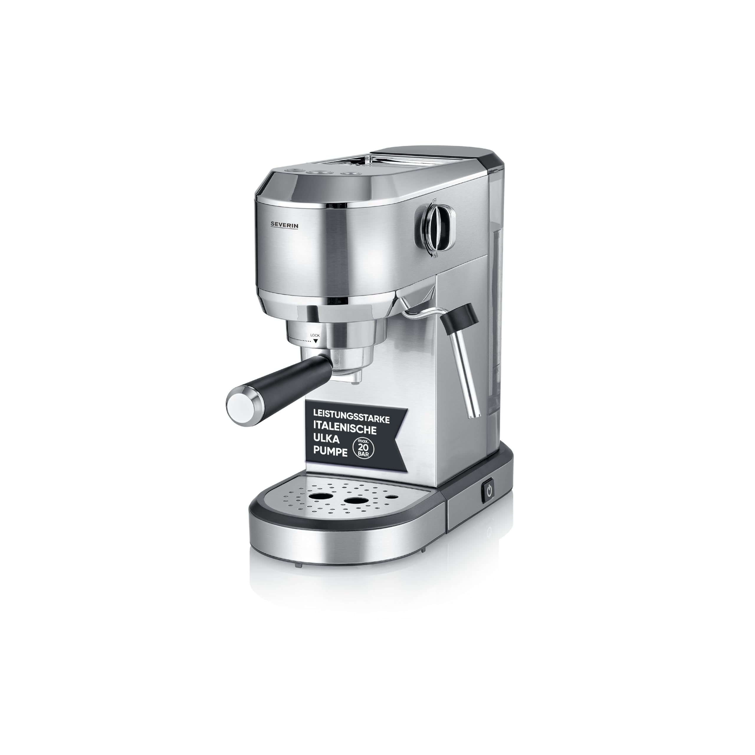 SEVERIN Espressomaschine "Newspresa", Siebträgermaschine, ULKA Pumpe mit 20 bar, Milchaufschäumdüse, 1 L Wassertank, für ein oder zwei Tassen, silber, Edelstahl, 1.350 Watt, KA 5997
