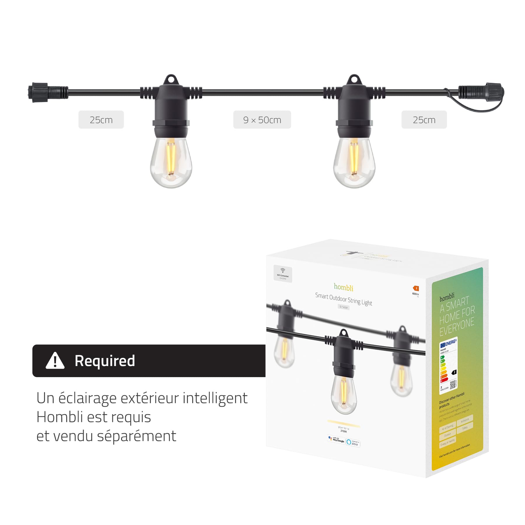 Hombli Extension pour Guirlande Lumineuse Extérieure, Câble de 5m | 10 Ampoules Lumière Blanche Chaude pour Jardin, Terrasse, Balcon | Luminosité Réglable | Commande Vocale | Étanche IP65