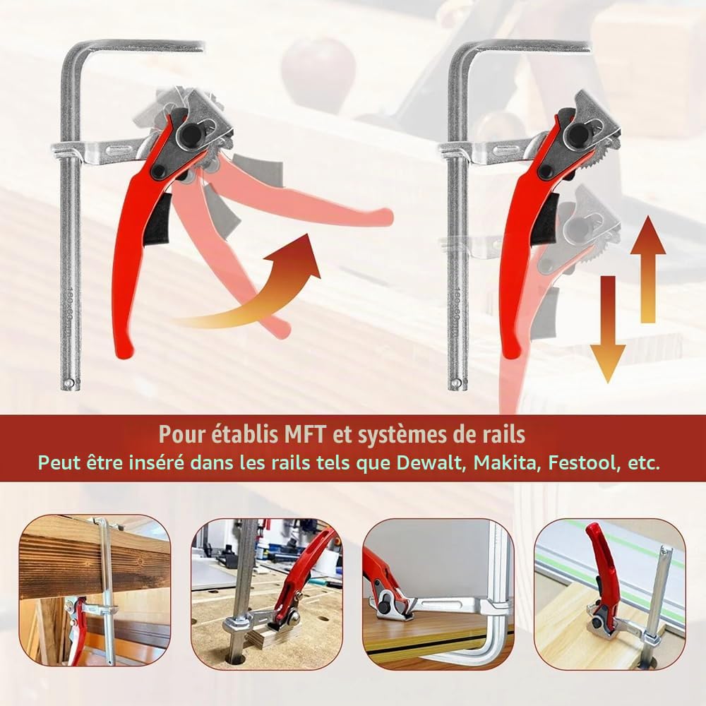 Serre Joint Menuisier - 2 Pièces avec de Grandes Mâchoires à Cliquet en Acier, Profondeur de Gorge Règlable jusqu'à 60 mm pour le Meulage et la Coupe
