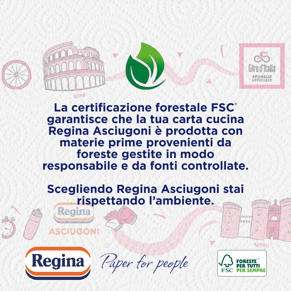 Regina Asciugoni Carta Cucina, 12 Rotoli da 100 Strappi a 2 veli, Maxi Fogli più Grandi e più Assorbenti, Carta 100% certificata FSC