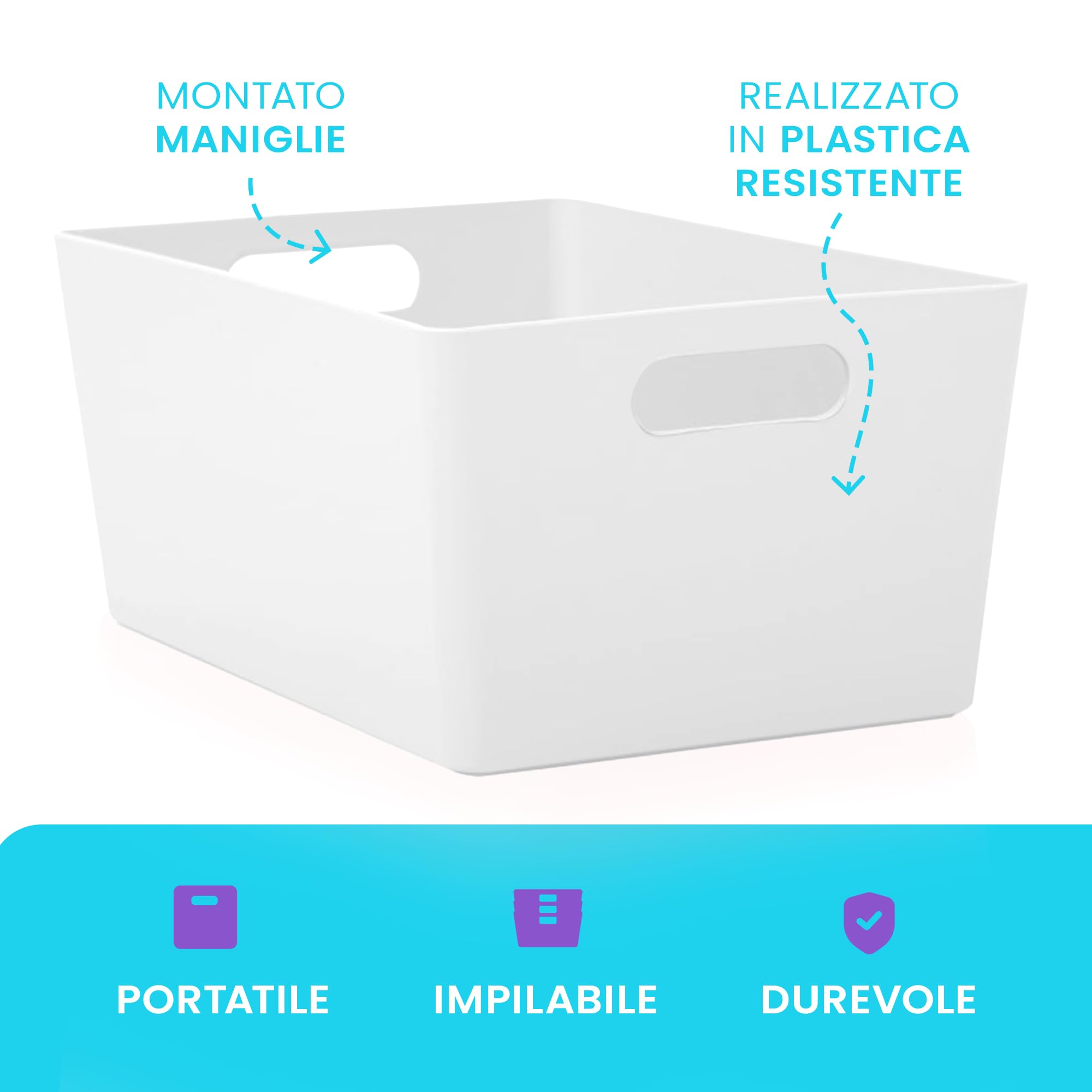 Niftii Set 5 Cestini Portaoggetti in Plastica - Contenitori Rettangolari con Manici per Cucina e Casa - Bianco