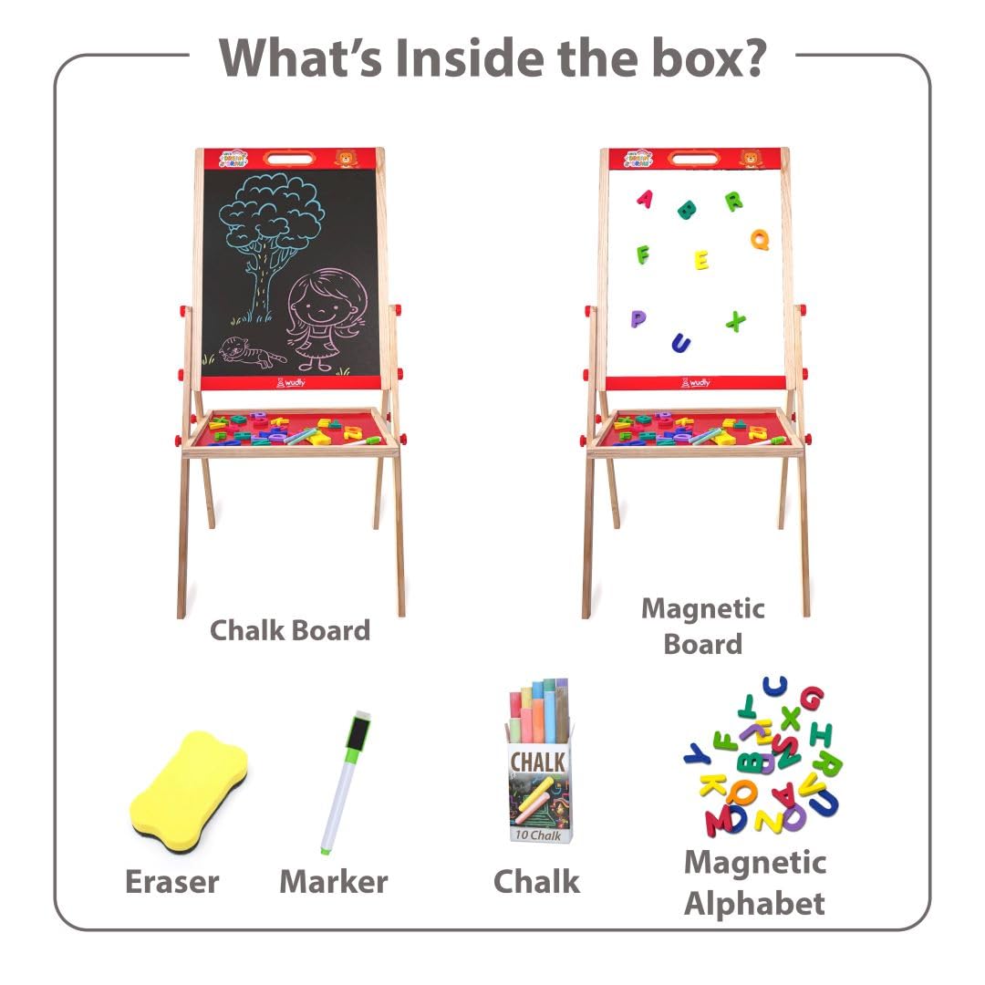 Wudly® Wooden 2-in-1 Kids Easel Board | Magnetic Whiteboard & Blackboard with Alphabet Magnets | Drawing, Writing & Learning Educational Toy for Kids 3-10 Years - Image 6 thumbnail