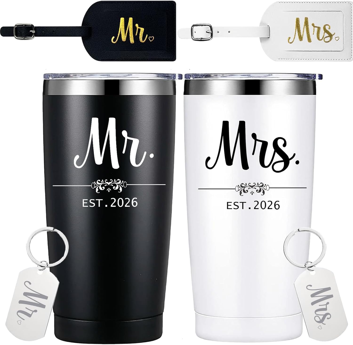 DIQUENEW Est. 2026 Mr and Mrs Gifts Set-20oz Stainless Steel Insulated Travel Tumbler for Couples Newlyweds Wife Husband-Bridal Shower Anniversary-Prefect Engagement Wedding Gifts,Black&White.
