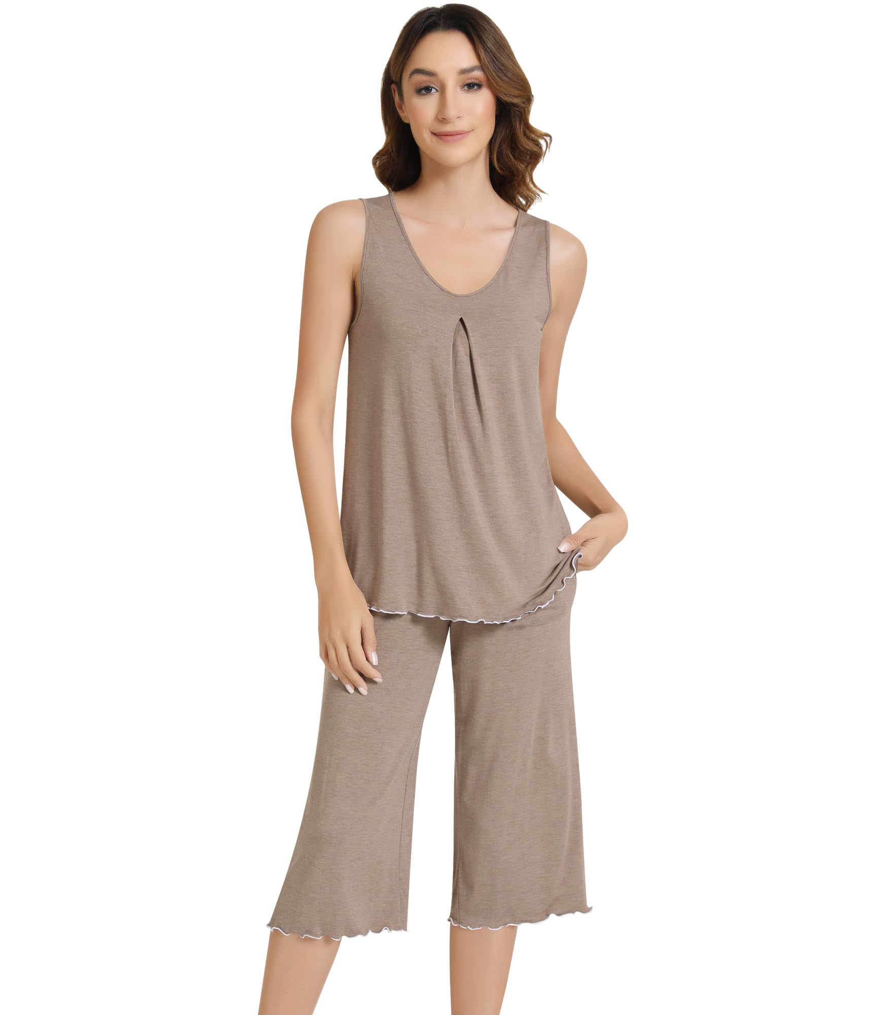 NACHILA Pajamas for Women-Viscose Made from Bamboo Sleeveless Sleepwear Pleated Tank Top Pjs with Capri Pants Soft Pj