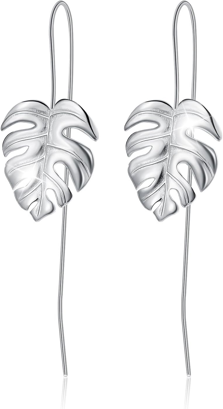 Monstera Leaves Dangle Earrings 14K Yellow Gold Plated Drop Silver Earrings, Handmade Unique Jewelry Gifts for Women