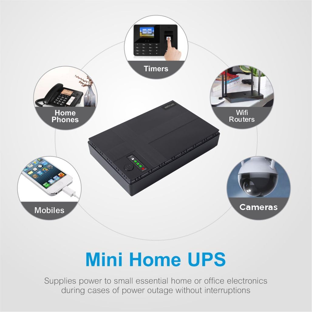 Astrum PB070 Mini UPS powering various home and office devices like Wi-Fi routers, cameras, and mobile phones