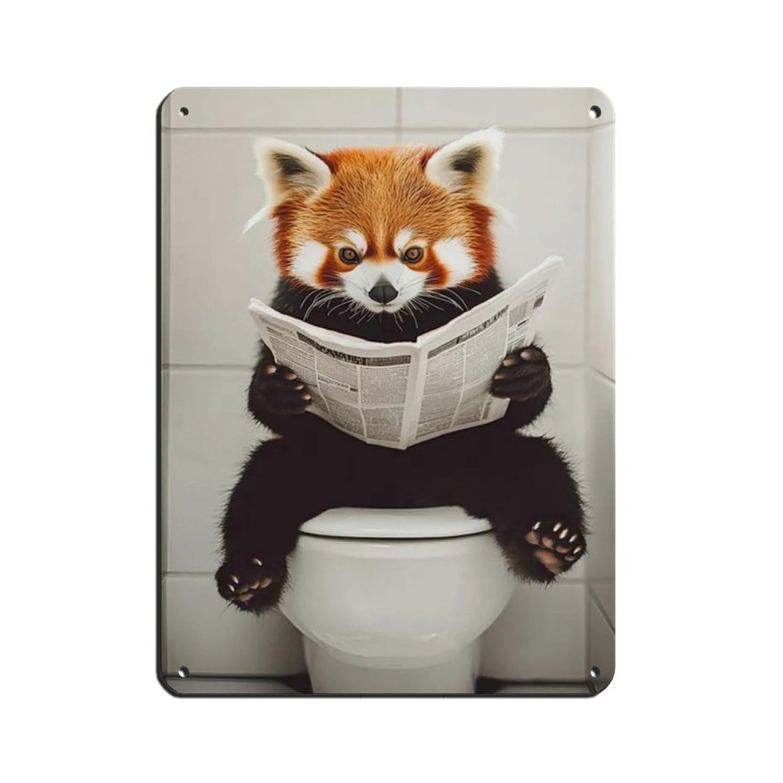 Red Panda Sitting on Toilet Reading Newspaper Tin Sign Vintage Metal Pub Club Cafe Bar Home Wall Art Decoration Poster Retro 12x16inch(30x40cm)