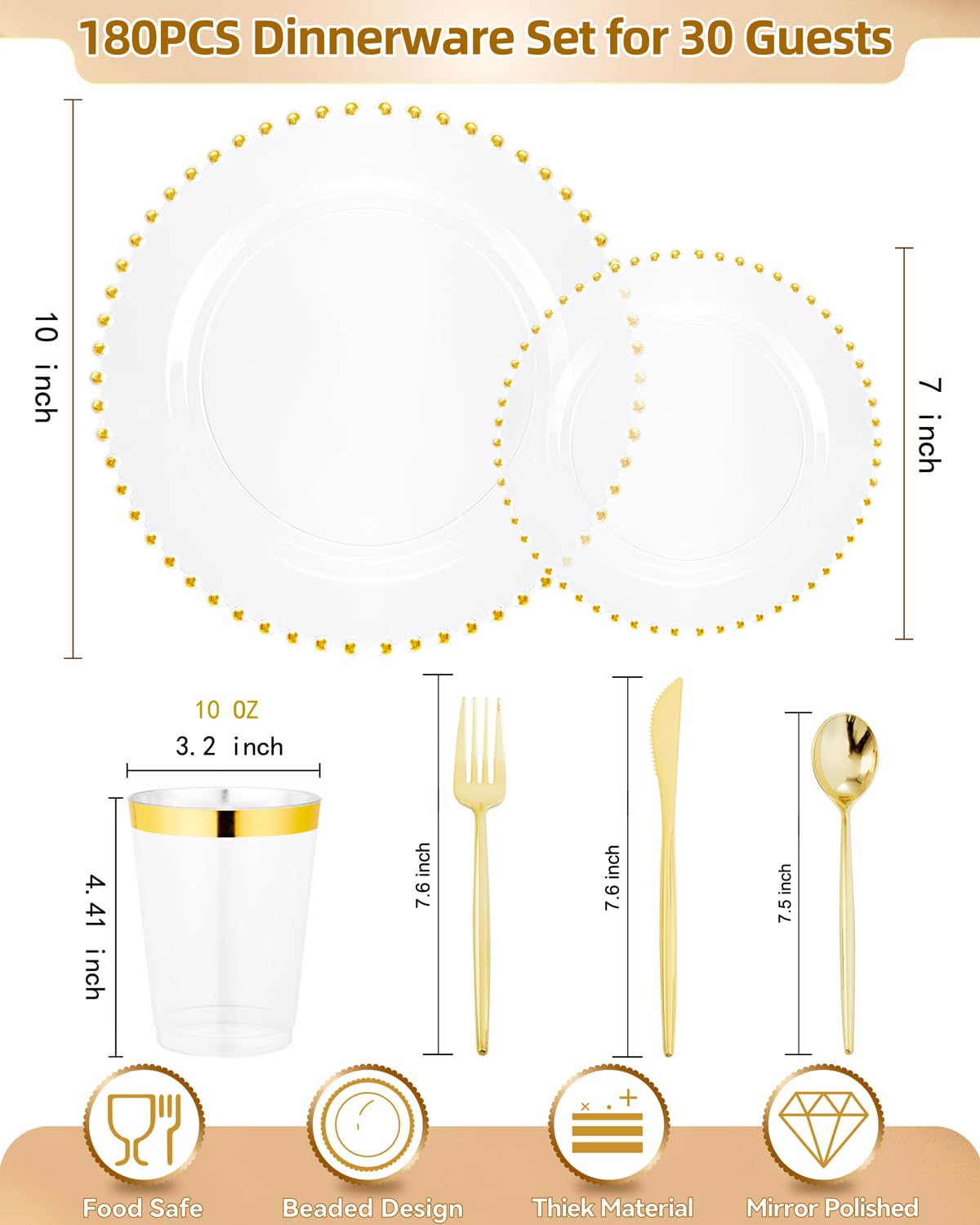 supernal Service de table doré transparent 180 pièces pour fête de mariage | Assiettes en plastique transparent avec bord perlé doré, assiettes jetables élégantes avec argenterie en plastique doré et