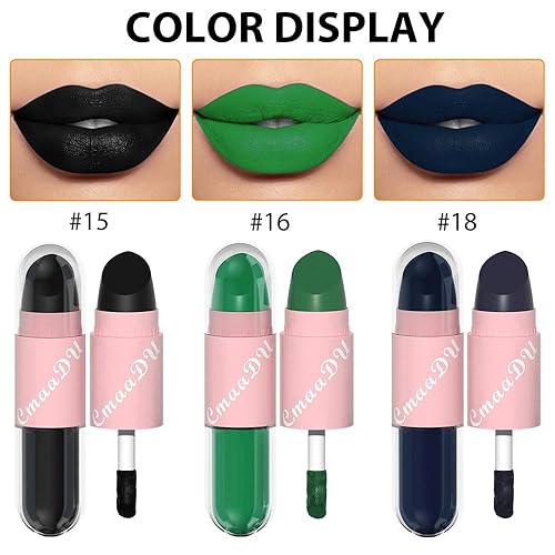 Miniatura 4 de evpct Lápiz labial mate 2 en 1 y larga duración, a prueba de manchas, brillo de labios, juego de 3 piezas para mujer, color rojo rubí oscuro, beige,