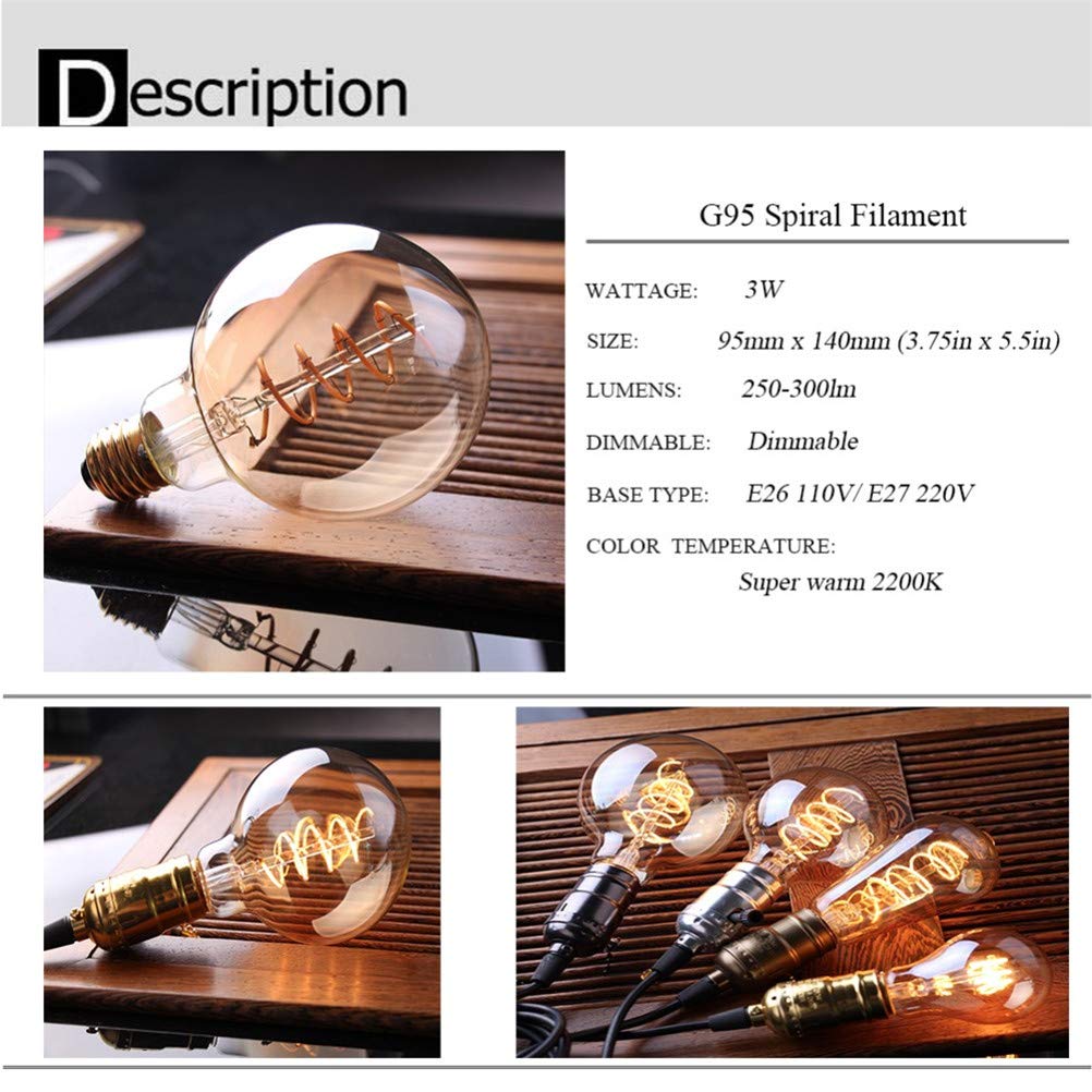 Bombilla, lámpara de filamento G95 Regulable, Bombilla Edison Espiral de 3 W, Globo ámbar, Bombilla LED de Cristal 2200 K/E27/220 V, Bombilla Decorativa Dorada, para el h