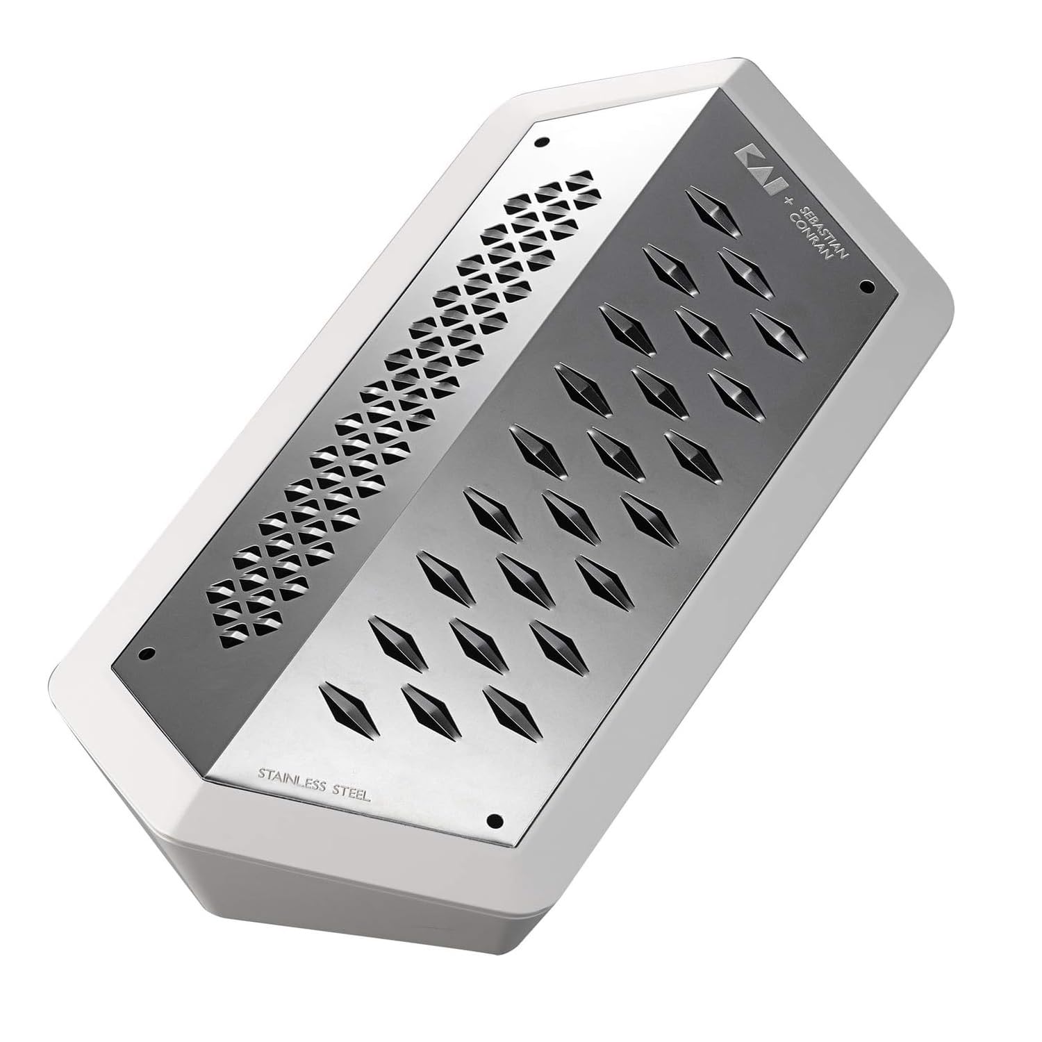 KAI Rallador JANUS, blanco de acero inoxidable - Dimensiones: 23,3 x 11 x 5,5 cm con recipiente colector - Rallador universal de cocina con 2 lados