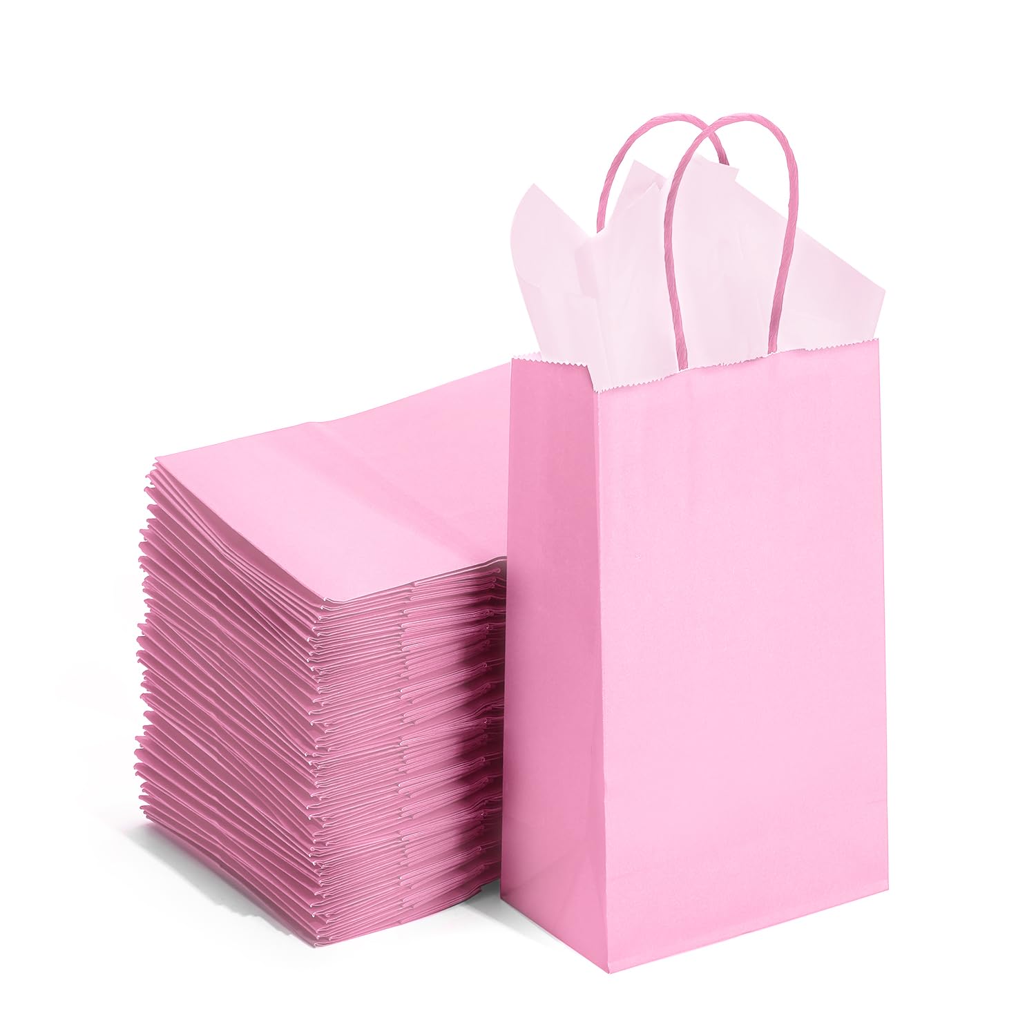 DjinnGlory 100 Pack Small Pink Paper Gift Bags with Handles Bulk for Small Business Holiday Birthday Wedding Baby Shower Parties, Shopping Bags (9x5.5x3.15 Inch, Pink)