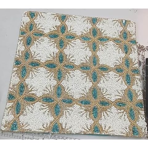 GFI LINEN CLUBS Handmade Cushion Covers, Teal Gold Beaded All Over Design, 14"X14" Cushion Covers, Square Pillows Covers for Sofa, Throws & Couch Cover