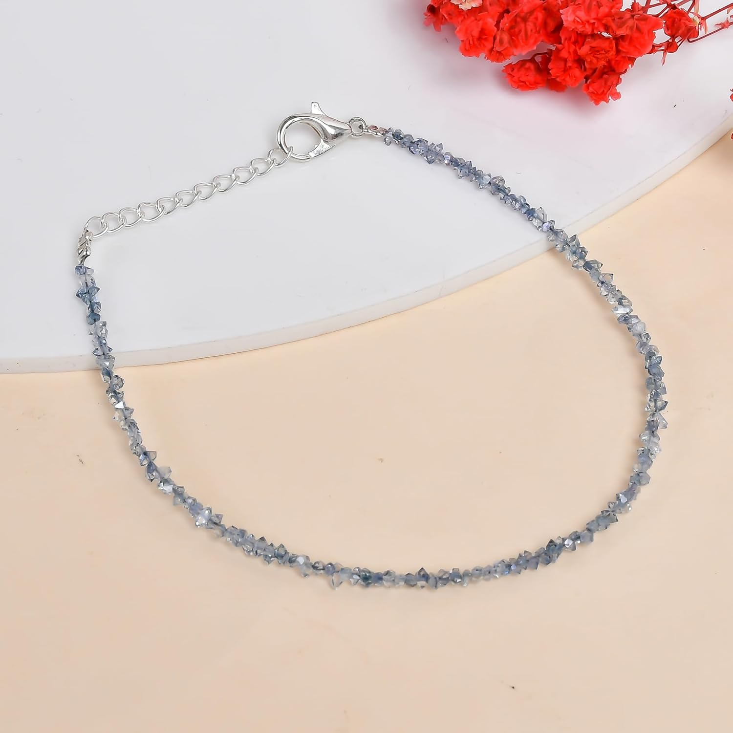 Natural Blue Herkimer Diamond Quartz Crystal Bracelet Women Jewellery, Raw Chips Nuggets Beaded Bracelets, Bracelet, Special Event Jewellery, Silver Plated 8 inch Bracelets - Image 4