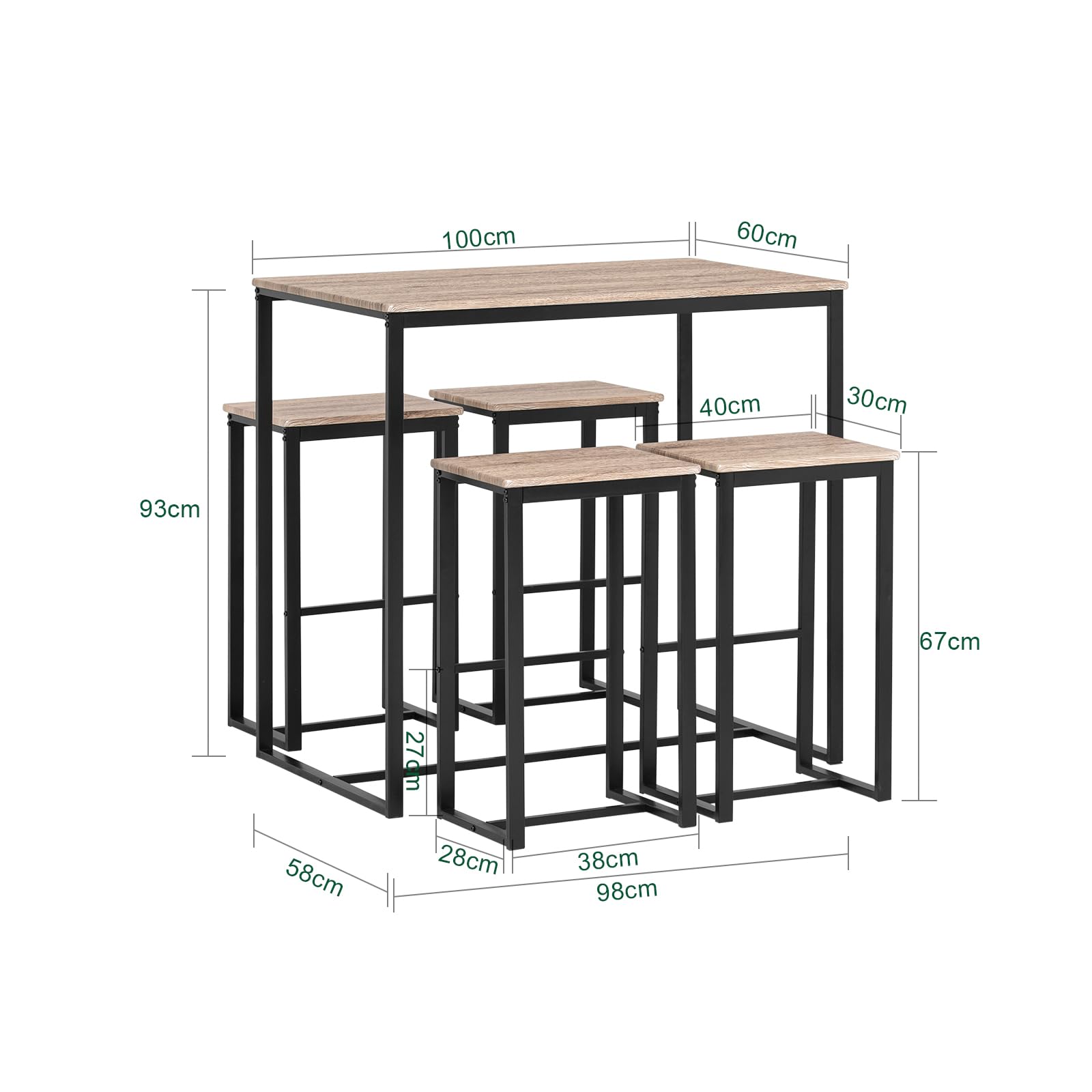 SoBuy Table Haute Mange Debout avec 4 Tabourets Ensemble Table Bar Cuisine Gain de Place pour Petit Espace Table Mange-Debout Compacte pour Cuisine, Balcon ou Salle à Manger 100x60x93cm OGT15-N