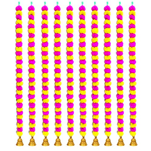 Image of iHandikart Handmade Decorative Marigold Artificial Fluffy Garland with Bell in The Bottom, Size 60x2.5 inches Used for Home /Office Decoration, Yellow, Pink Colour (Pack of 10)