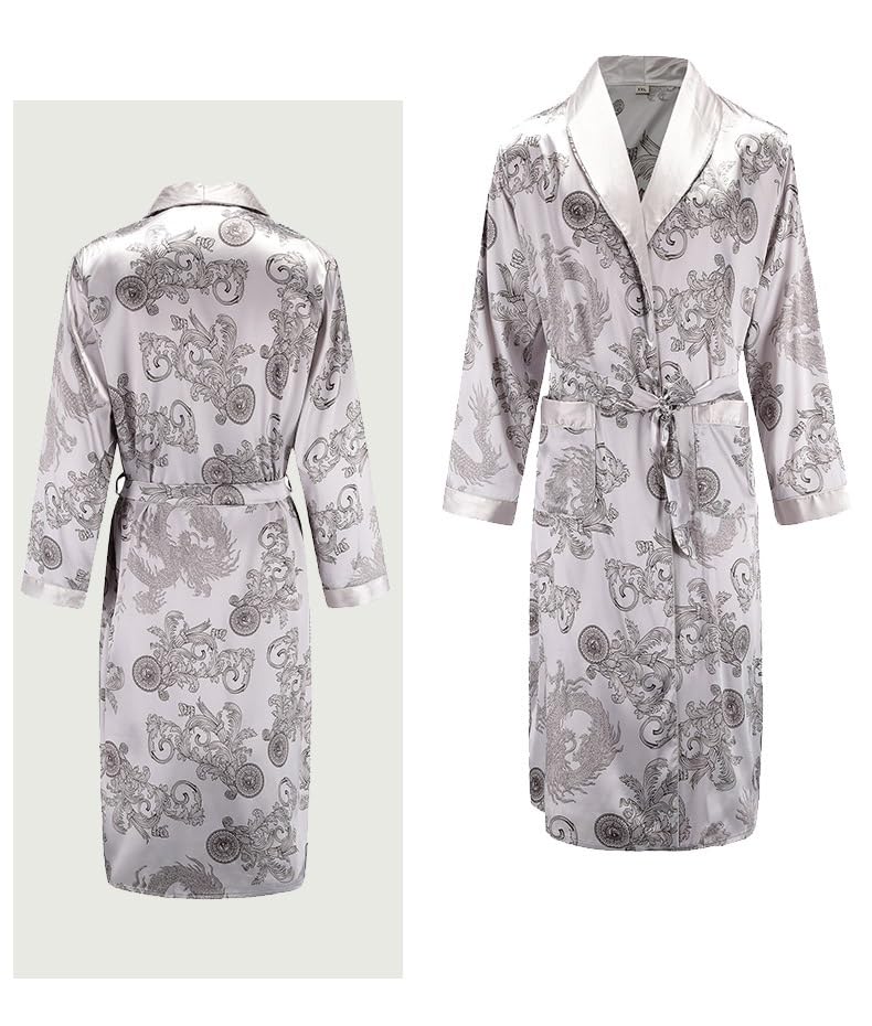 Szlafrok męski gładki，Szlafrok męski satynowy， Szata z długim rękawem, satynowy nadruk Smok Feniks Suknia kimono, codzienne ubrania domowe, luźna piżama L-XXL