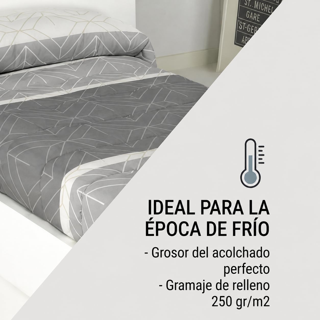 Edredón Ajustable DOLI Geométrico Gris Lanovenanube Cama 200 Microfibra | Estampado geométrico gris y dorado, tacto melocotón 250 g, ajuste al colchón. Largo 190/200 cm. Fabricado en España