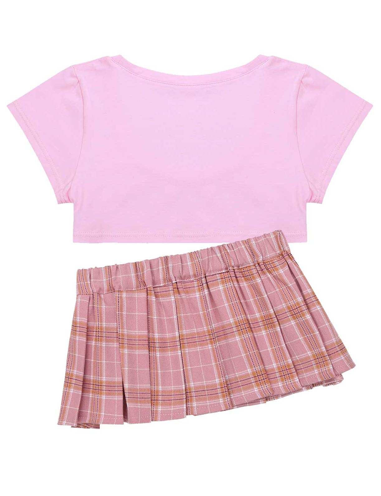 ACSUSS Womens Naughty Schoolgirl Lingerie Set Yes Daddy Letter Printed Tops Mini Plaid Pleated Skirt: One Size Pink