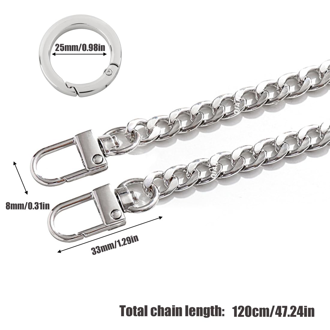 Cadena De Metal Plateada Para Bolso - 120 Cm, Con Mosquetones, Ideal Para Reemplazar Correas O Crear Looks Personalizados