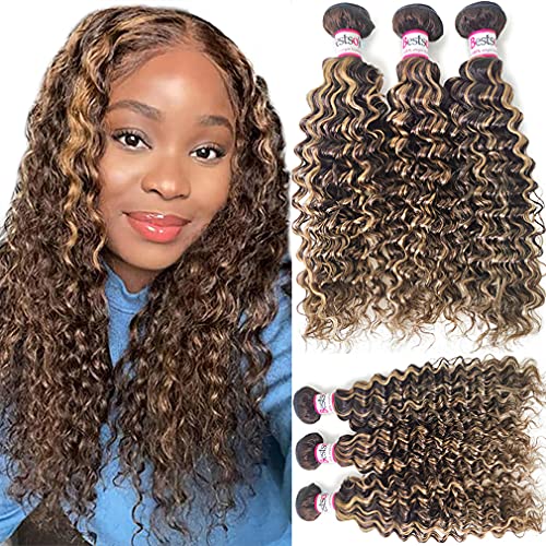 Bestsojoy Ombre Highlight Brazilian Virgin Hair Deep Wave 3 Bundles 12A Remy Human Hair Weaves P4/27 Ombre Brown Blonde Brazilian Deep Curly Hair Extensions (20 22 24, Highlight Deep Wave Bundles)