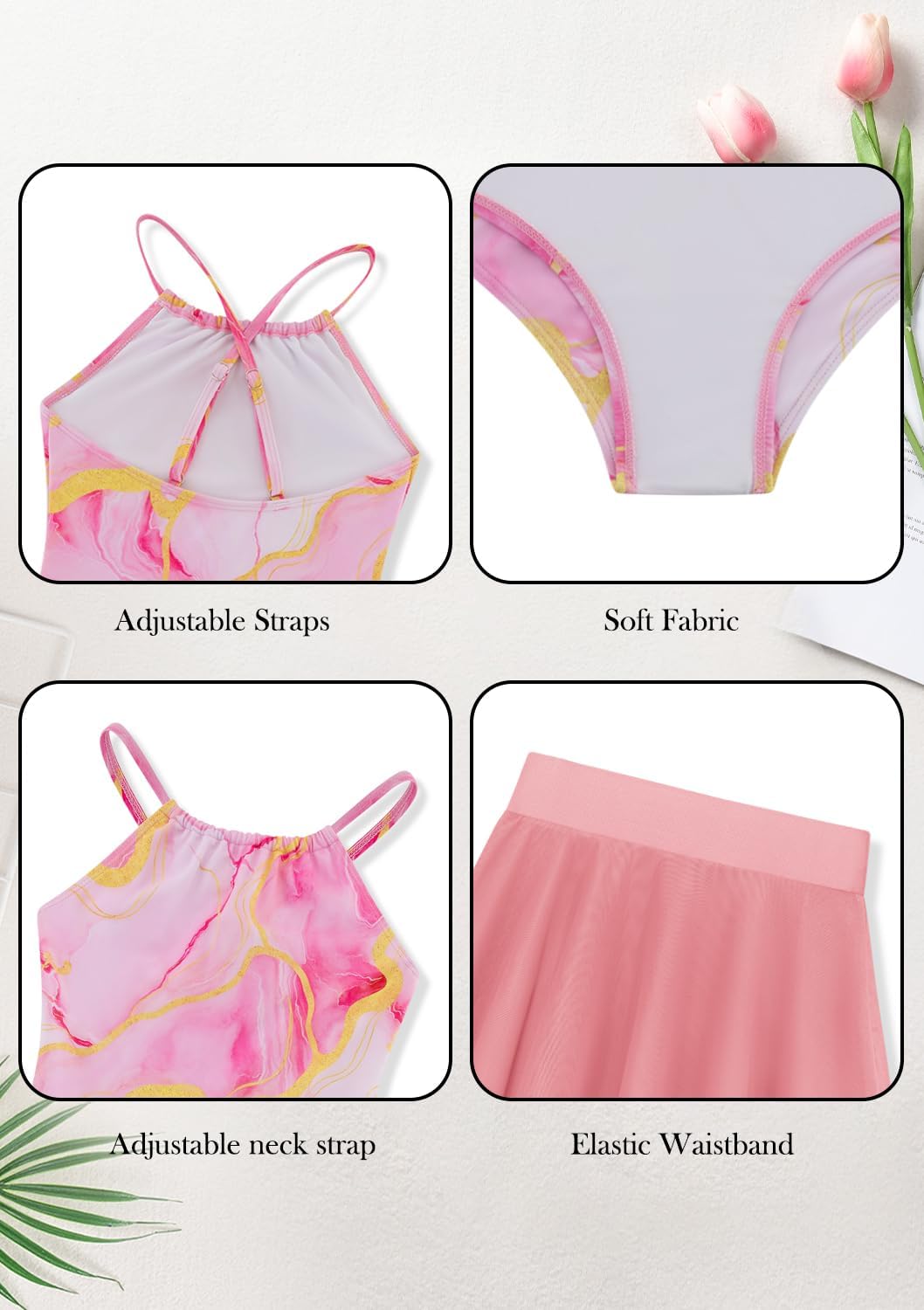 Girls One Piece Swimsuits with Mesh Skirt Tanikini Bathing Suit Swimwear 6-14Y