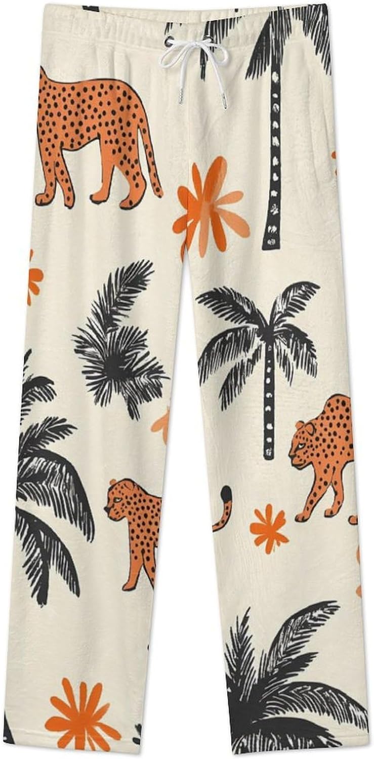Leopards And Palm Trees Womens Pajama Pants Fleece Sleep Comfy Lounge Pants Bottoms PJ