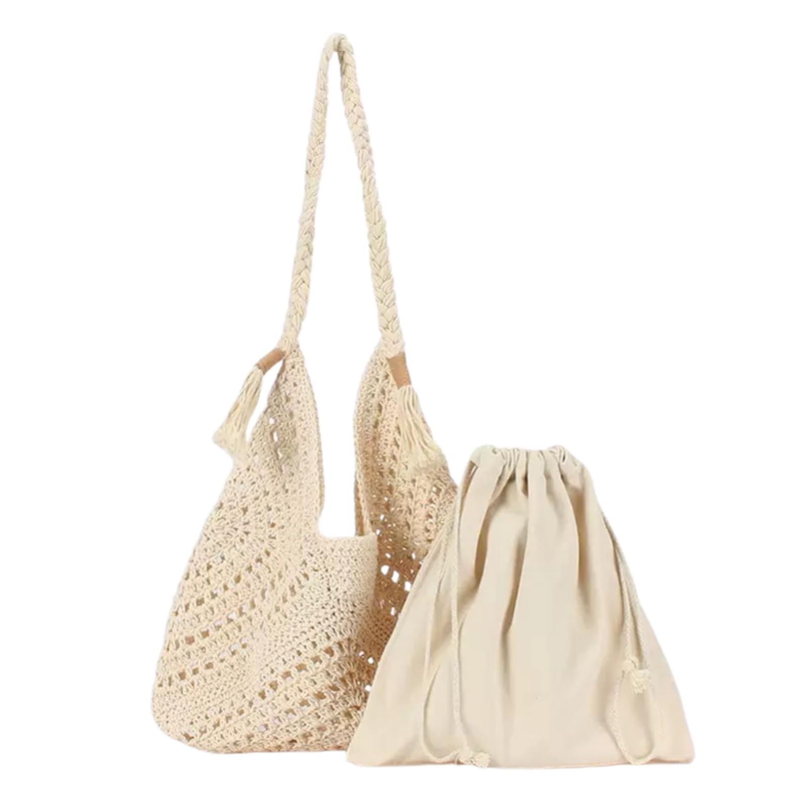 Ebzfaso Girls Beige Straw Hollow Crochet Tassel Shoulder Bag