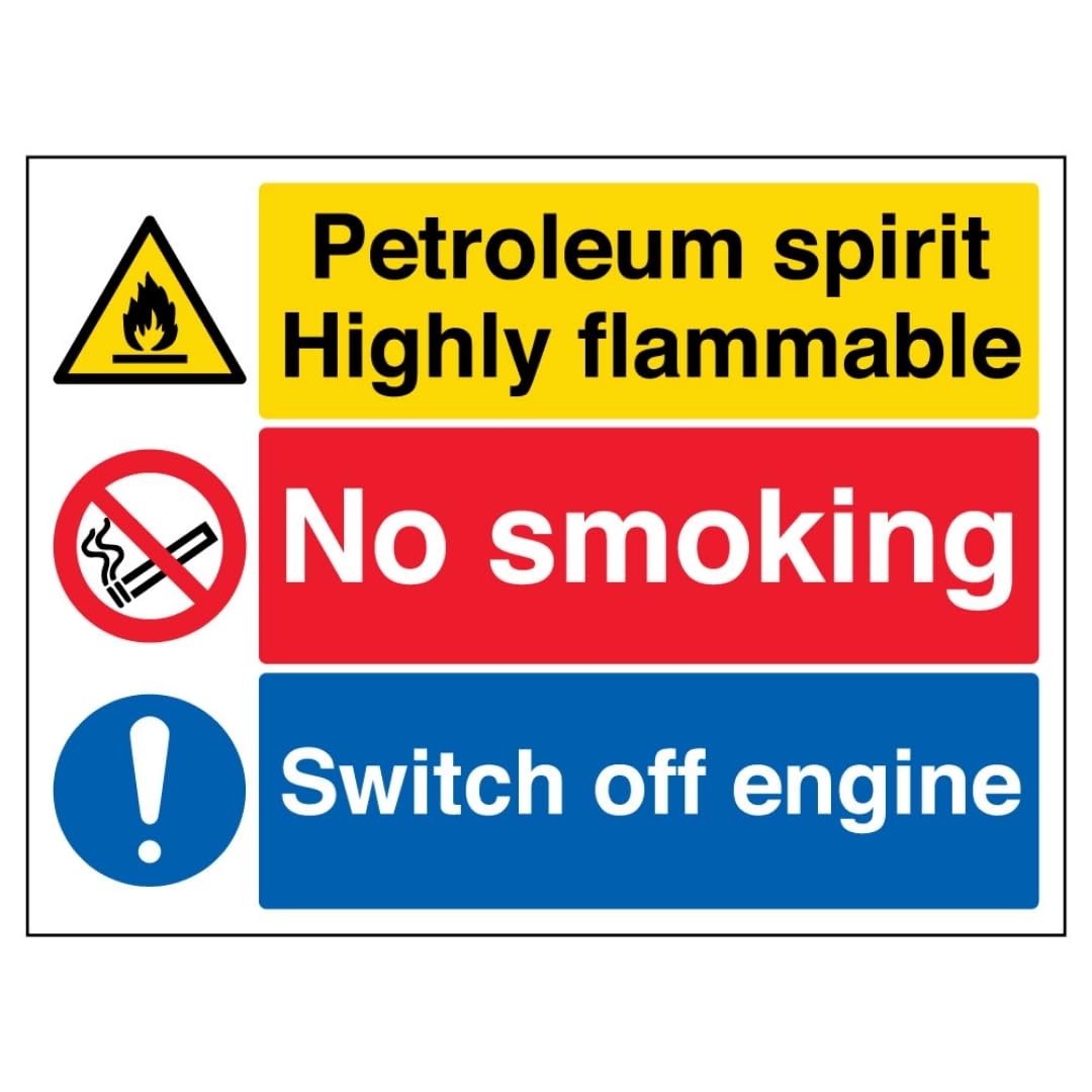 V Safety Petroleum Spirit/No Smoking/Switch Off 400 x 300 mm - Glow In The Dark 1mm Rigid Plastic Safety Sign