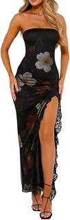 ABMOIU Women's Strapless Tube Maxi Dress Sexy High Split Lace Trim Floral Print Bodycon Long Party Dress