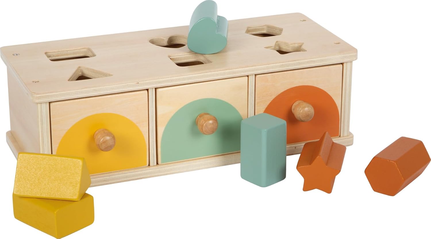 small foot Montessori 12746 Stacking Box, 100% FSC Certified Wood, 3 Drawers with 6 Coloured Blocks, for Children from 1 Year