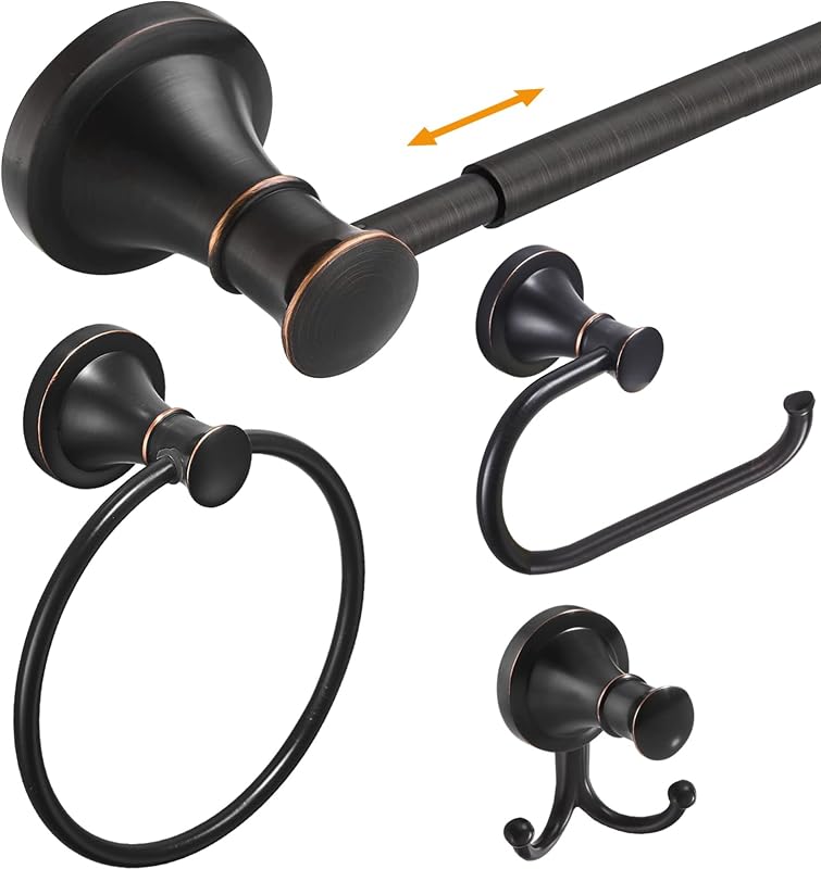 Hoimpro Juego de accesorios de baño de bronce aceitado, 4 piezas de montaje en pared con toallero ajustable, toallero, soporte para toallas de papel, ganchos dobles para toallas