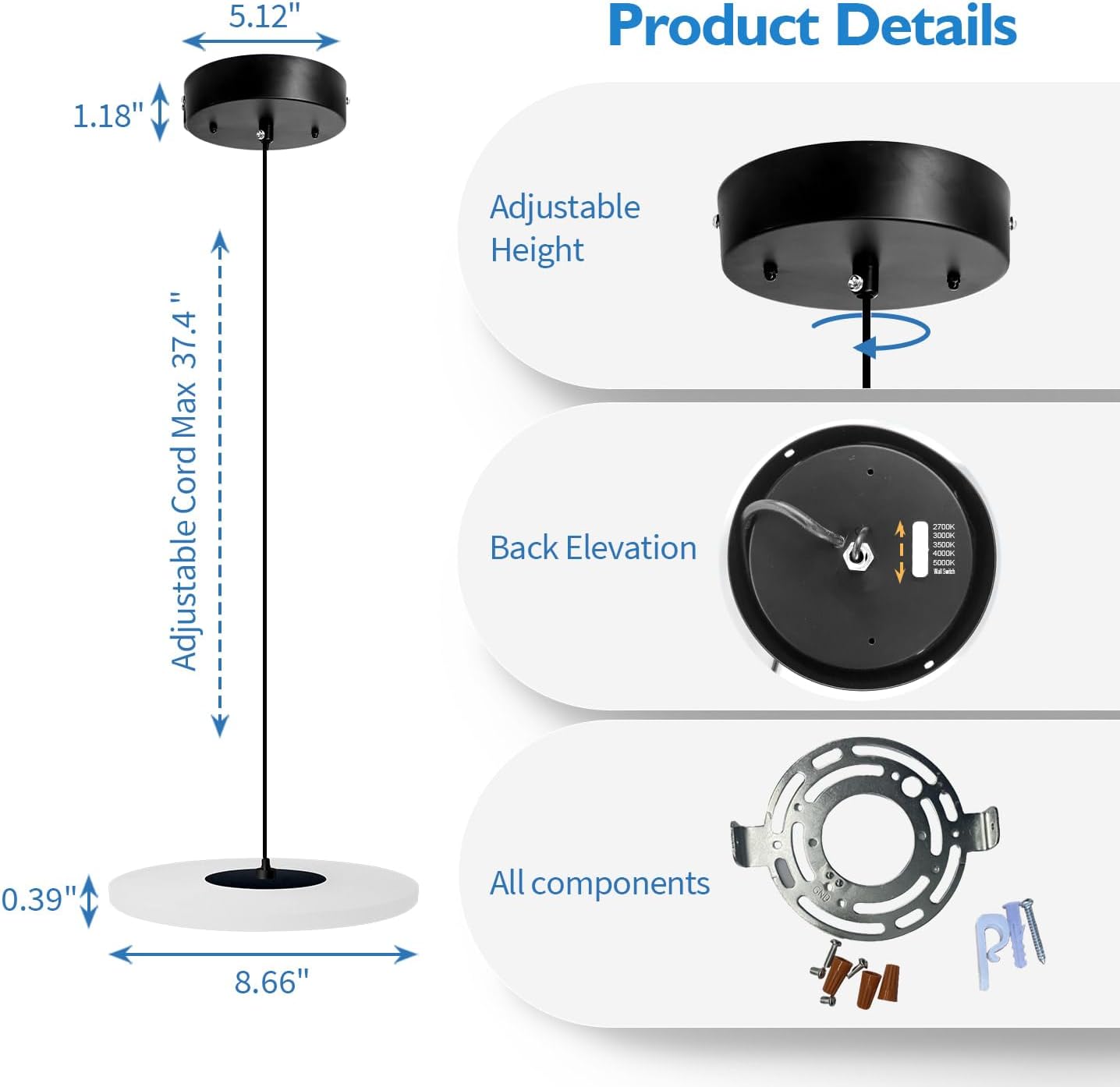 Jolux Halolux Pendant Light for Kitchen Island & Dining Room - 5CCT Adjustable with Wall Switch, Black Finish, Dimmable Hanging Light Fixture, Modern Ceiling Chandelier for Home Decor.