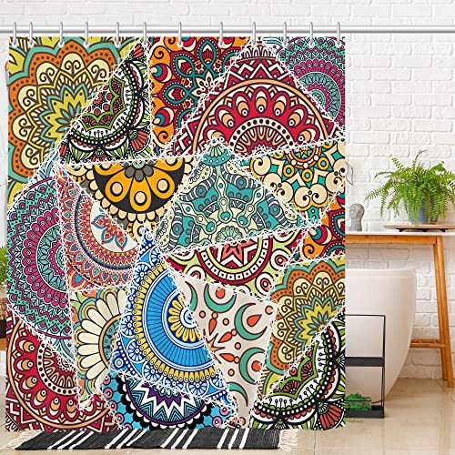 Hilioens Boho Patchwork Lace Shower Curtain Vintage Rustic Bohemian Style Shower Curtain Sets For Bathroom Stitching Pattern Waterproof Fabric Shower Curtains Set Decor With 12 Hooks 72"X72" #TOP3