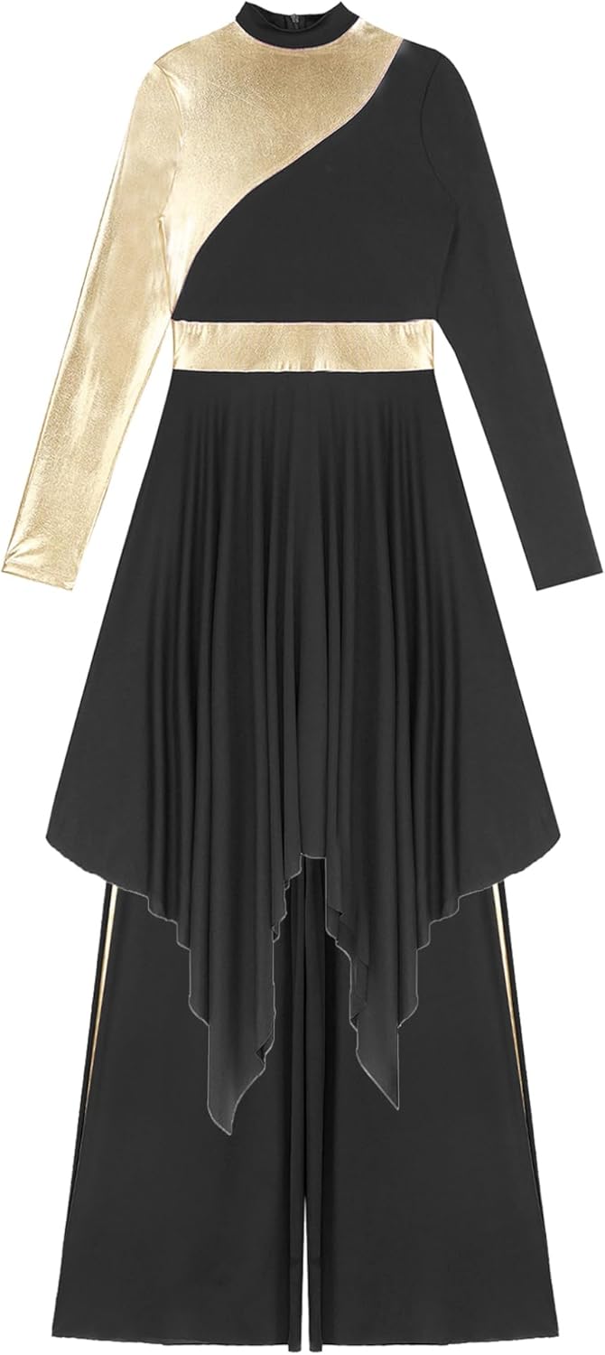 renvena Women Liturgical Praise Dance Outfit Long Sleeve Asymmetrical Hem Contrast Color Dress