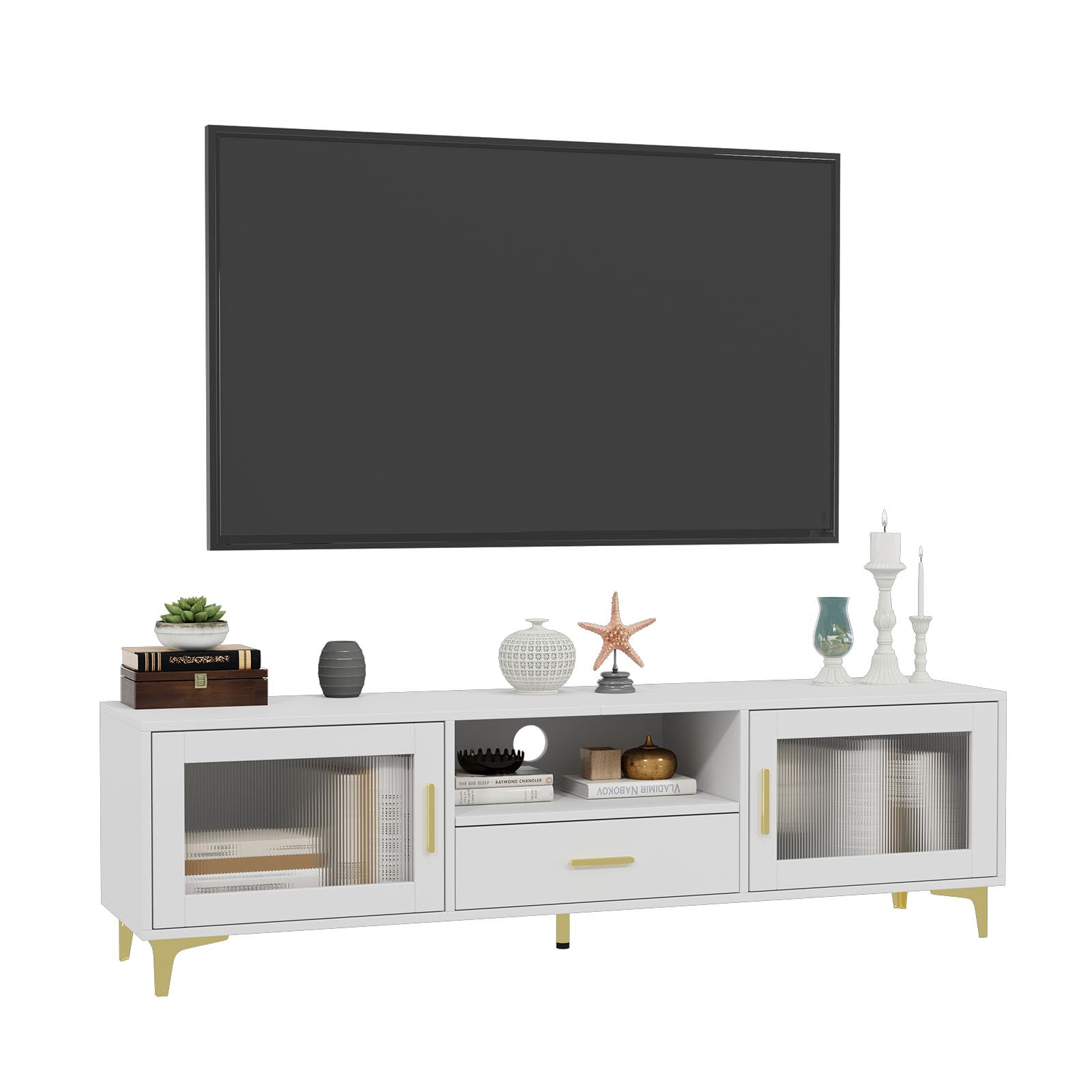 VOWNER Mobile TV, TV Basso fino a 65", Mobile TV con Vano Portaoggetti Aperto, Tavolo TV con Cassetti, Adatto per Coggiorno e Camera da Letto, 150 x 35 x 43 cm, Bianco