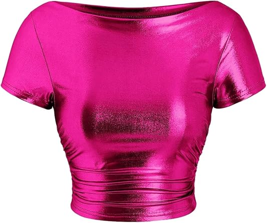 SHENHE Womens Y2k Metallic Ruched Crop Top Short Sleeve Boat Neck Fitted Party Rave Club Shirt