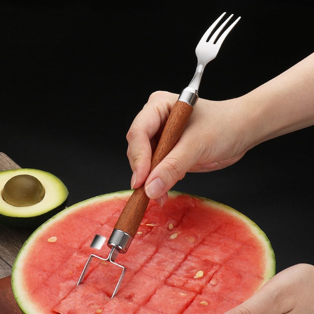 2 in 1 Watermelon Fork Slicer with Wooden Handle, Stainless Steel