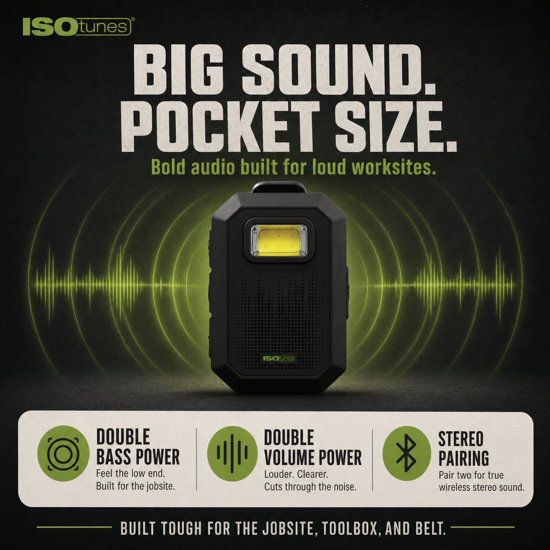 ISOtunes Sidekick Tragbarer Bluetooth-Lautsprecher – Mini-Bluetooth-Lautsprecher, robust, IP67 wasserdicht, staubdicht und sturzgeprüft, kabelloser Bluetooth-Arbeitslautsprecher